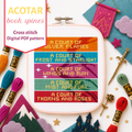 ACOTAR Book Spines needlepoint pattern featuring the A Court of Thorns and Roses series in a modern colorful design. Digital PDF needlepoint pattern for book lovers and fantasy readers.