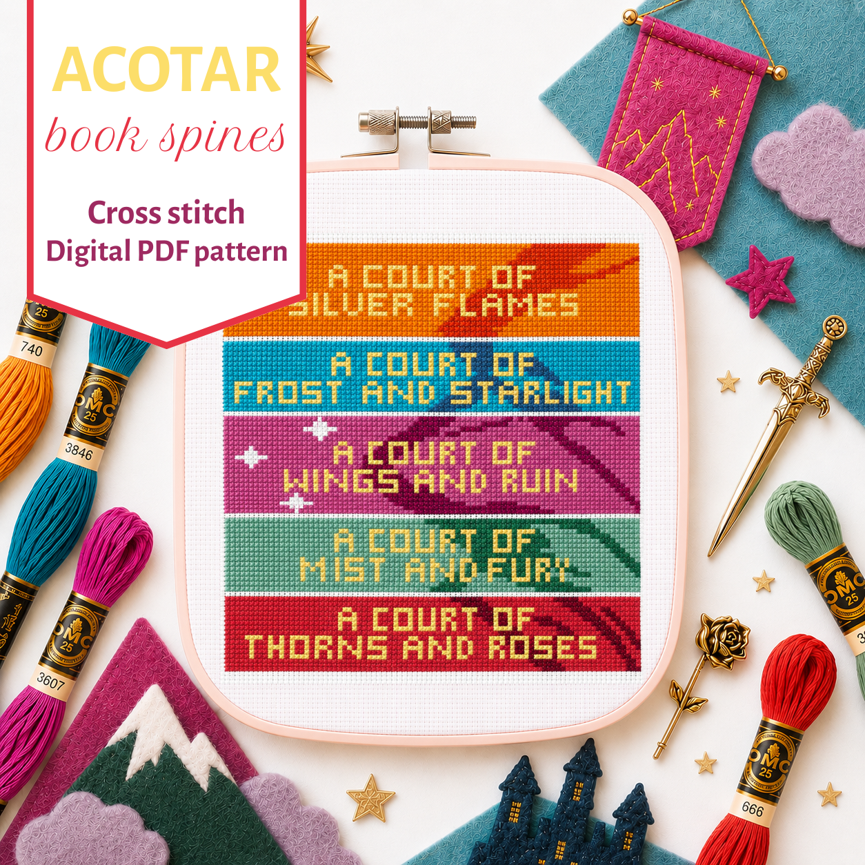 ACOTAR Book Spines needlepoint pattern featuring the A Court of Thorns and Roses series in a modern colorful design. Digital PDF needlepoint pattern for book lovers and fantasy readers.