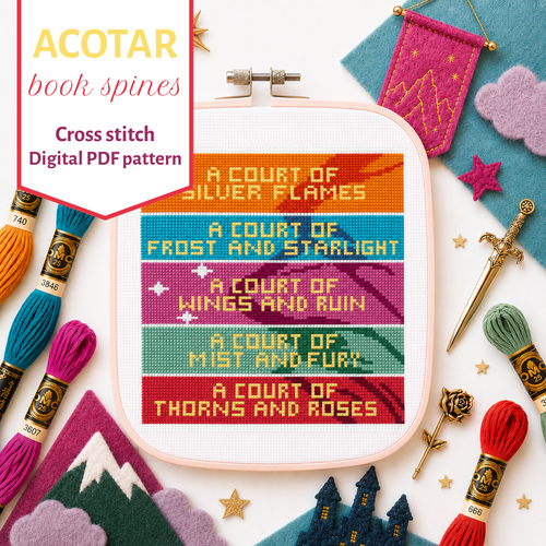 ACOTAR Book Spines needlepoint pattern featuring the A Court of Thorns and Roses series in a modern colorful design. Digital PDF needlepoint pattern for book lovers and fantasy readers.