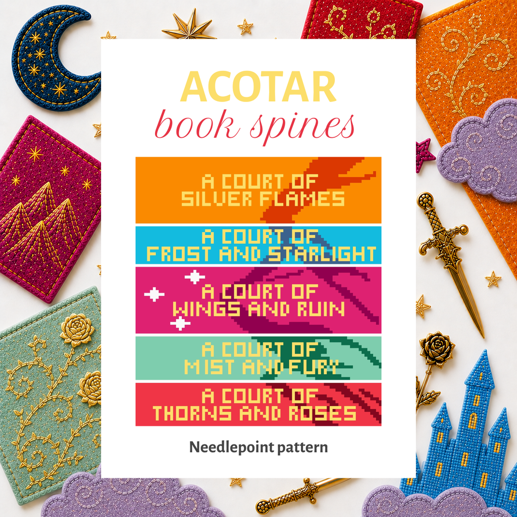ACOTAR Book Spines needlepoint pattern featuring the A Court of Thorns and Roses series in a modern colorful design. Digital PDF needlepoint pattern for book lovers and fantasy readers.