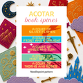 ACOTAR Book Spines needlepoint pattern featuring the A Court of Thorns and Roses series in a modern colorful design. Digital PDF needlepoint pattern for book lovers and fantasy readers.