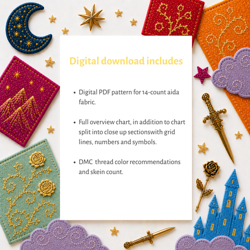 Digital ACOTAR needlepoint pattern PDF includes charts for 13-mesh and 18-mesh canvas, full color chart, close-up sections, DMC thread recommendations and skein count.